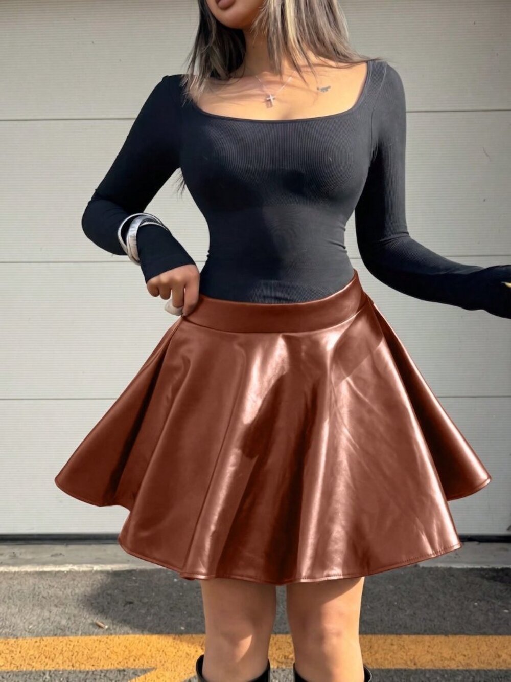 Brown Casual Women's High Waist Flare Mini Skirt - Picture 4 of 4